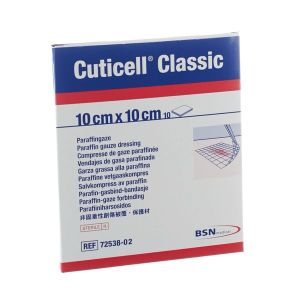 CUTICELL CLASSIC Pansement gras de gaze paraffinée, à usage unique, stérile, 10 cm x 10 cm (ref. 72538-09), bt 10