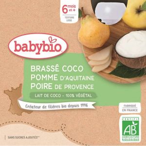 Babybio Gourde brassé au lait de coco Pomme Poire de Provence BIO - 6 mois - 4 x 85 g