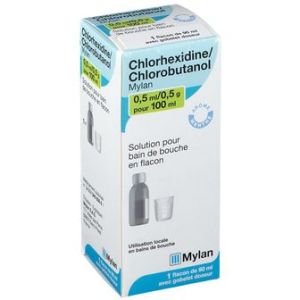 CHLORHEXIDINE/CHLOROBUTANOL MYLAN 0,5 ml/0,5 g pour 100 ml solution pour bain de bouche 90 ml en fla