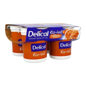 DELICAL DESSERT LACTE HP HC RIZ AU LAIT Denrée alimentaire destinée à des fins médicales spéciales, caramel, pot 200 g x 4