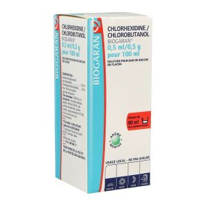 CHLORHEXIDINE CHLOROBUTANOL BIOGARAN Solution pour bain de bouche 0,5 ml/0,5 g pour 100 ml, flacon 90 ml avec gobelet doseur