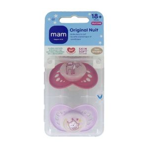 MAM ORIGINAL SUCETTE NUIT + 18 MOIS Sucette anatomique de nuit, téterelle silicone, décorée, N° 40, bt 2
