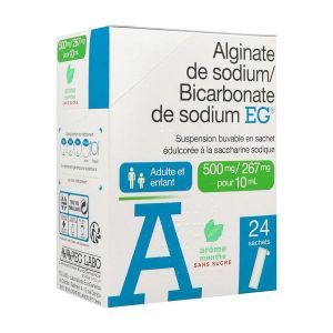 ALGINATE DE SODIUM BICARBONATE DE SODIUM EG Suspension buvable 500 mg/267 mg pour 10 ml, boîte 24 sachets 10 ml