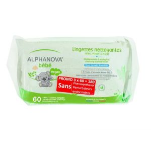 Alphanova Lot 3 packs lingettes biodégradables - 3 x 60 lingettes