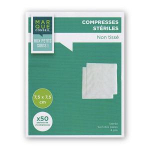 MARQUE CONSEIL COMPRESSES EN NON TISSE Compresse en non tissé, stérile, 7,5 cm x 7,5 cm, sachet 2, 50 sachets, bt 100