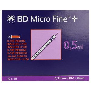 BD MICRO - FINE + Seringue 3 pièces à insuline de 0,5 ml, aiguille sertie Micro-fine +, 100 UI/ml, 0,3 mm x 8 mm, bt 100