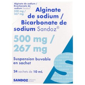 ALGINATE DE SODIUM BICARBONATE DE SODIUM SANDOZ Suspension buvable 500 mg/267 mg, boîte 24 sachets 10 ml