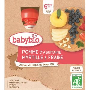 Babybio Gourde Pomme Myrtille Fraise BIO 6 mois - 4 x 90 g