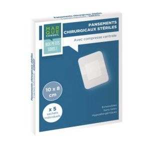 MARQUE CONSEIL PANSEMENTS CHIRURGICAUX STERILES Pansement chirurgical adhésif 4 côtés, absorbant, stérile, 10 cm x 20 cm, bt 5