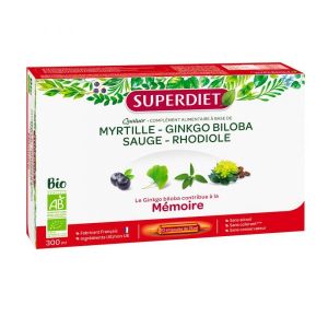 Superdiet Quatuor BIO Mémoire : Ginkgo biloba, Sauge, Myrtille, Rhodiola - 20 ampoules de 15 ml