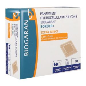 BIOGARAN BORDER + EXTRA MINCE Pansement hydrocellulaire siliconé, absorbant, bord adhésif, 5 cm x 5 cm, bt 10