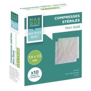 MARQUE CONSEIL COMPRESSES EN NON TISSE Compresse en non tissé, stérile, 7,5 cm x 7,5 cm, sachet 2, 10 sachets, bt 20