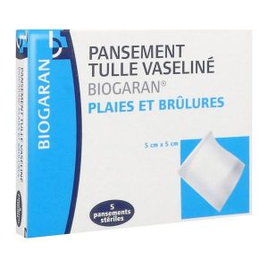 BIOGARAN PANSEMENT TULLE VASELINE Pansement gras, vaseliné, stérile, 5 cm x 5 cm, bt 5