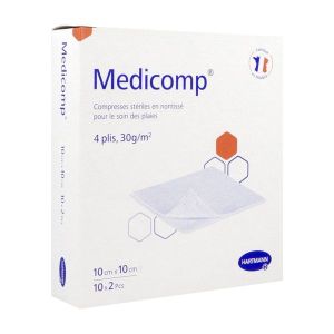 MEDICOMP STERILE Compresse en non tissé, stérile, 4 plis, pochette de 2 compresses, 10 cm x 10 cm (ref. 411042), bt 10 sachets