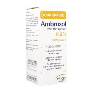 AMBROXOL EG LABO CONSEIL Solution buvable 0,6 %, boîte 1 flacon 150 ml avec cuillère-mesure graduée à 2,5 ml et 5 ml