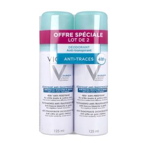VICHY DEODORANT ANTITRANSPIRANT ANTITRACES 48 H SPRAY Spray déodorant antitranspirant 48 heures antitraces blanches et jaunes, spray 125 ml x 2