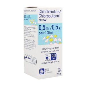 CHLORHEXIDINE CHLOROBUTANOL ARROW Solution pour bain de bouche 0,5 ml/ 0,5 g pour 100 ml, boîte 1 flacon 90 ml avec gobelet doseur