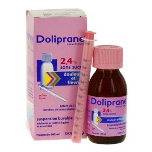 Doliprane 2,4 % Sans Sucre (Paracetamol) Suspension Buvable Edulcoree Au Maltitol Liquide Et Au Sorbitol 100 Ml En Flacon + Mesurette Graduee