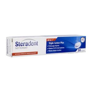 STERADENT TRIPLE ACTION Comprimé effervescent Triple Action nettoyant pour appareils dentaires, tube 30, unité