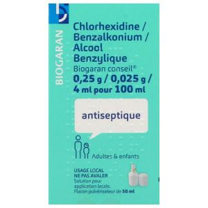 Chlorhexidine/Benzalkonium/Alcool Benzylique Biogaran Conseil 0,25 G/ 0,025 G/ 4 Ml Pour 100 Ml Solution Locale B/50