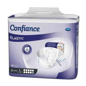 CONFIANCE ELASTIC 10 G Change-complet hypoallergénique, avec ailes élastiques, incontinence forte, large (ref. 165017), sachet 14