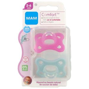MAM COMFORT SUCETTE 2 - 6 MOIS Sucette physiologique, silicone SkinSoft 100 %, 1er âge, rose (ref. 111503), bt 2