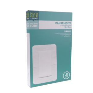 MARQUE CONSEIL PANSEMENTS CHIRURGICAUX STERILES Pansement chirurgical adhésif 4 côtés, absorbant, stérile, 10 cm x 15 cm, bt 10