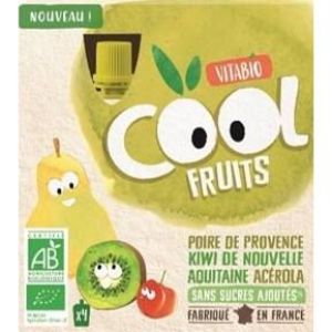 Vitabio Gourde Cool Fruits Poire d'Occitanie Kiwi de Nouvelle-Aquitaine Acérola BIO - 4 x 90 g
