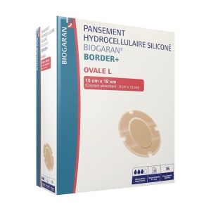 BIOGARAN BORDER + OVALE L Pansement hydrocellulaire siliconé, bord adhésif, absorption importante, ovale, 15 cm X 18 cm, bt 16
