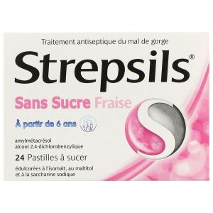 Strepsils Fraise Sans Sucre Pastille Edulcoree A L'Isomalt Au Maltitol Et A La Saccharine Sodique B/24