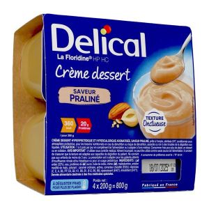 DELICAL LA FLORIDINE HP HC CREME DESSERT Denrée alimentaire destinée à des fins médicales spéciales, saveur praliné, pot 200 g x 4