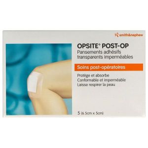 OPSITE POST - OP Pansement adhésif 4 côtés, stérile, avec compresse absorbante, 6,5 cm x 5 cm (ref. 66320600), pochette 5
