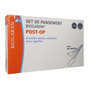 BIOGARAN SET DE PANSEMENT POST - OP GRANDES PLAIES SUTUREES Set de nettoyage et de recouvrement avec ôte-agrafes, grande plaie suturée, bt 3