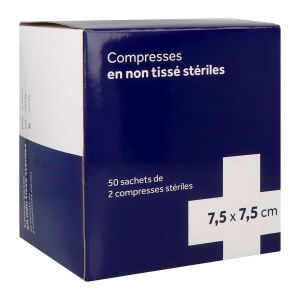 Raffin Medical Compresse En Non Tisse Sterile 7,5Cm X 7,5Cm 4 Plis - 10 Sachets De 2 Compresses Boite 3010*10 G 50