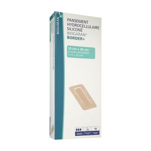 BIOGARAN BORDER + Pansement hydrocellulaire siliconé, bord adhésif, absorption importante, 10 cm x 30 cm, bt 10