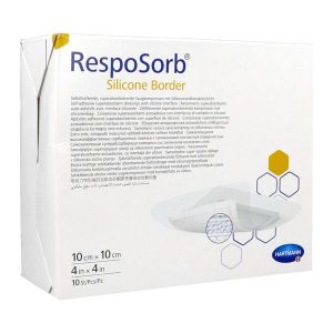 RESPOSORB SILICONE BORDER Pansement hydrocellulaire, interface siliconée et bords adhésifs, carré, 10 cm x 10 cm (ref. 413001), bt 10