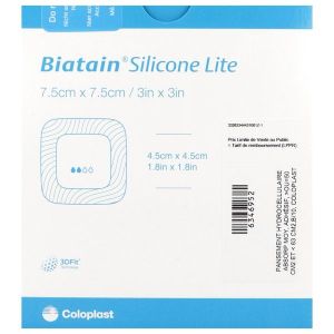 BIATAIN SILICONE LITE Pansement hydrocellulaire alvéolé, bord adhésif siliconé, fin, repositionnable, 7,5 cm x 7,5 cm (ref. 334443), bt 10