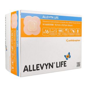 ALLEVYN LIFE Pansement hydrocellulaire composite à bords adhésifs, stérile, très absorbant, 10,7 cm x 10,7 cm (ref. 66801080), bt 16