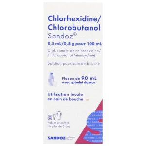 CHLORHEXIDINE CHLOROBUTANOL SANDOZ Solution pour bain de bouche 0,5 ml/0,5 g pour 100 ml, flacon 90 ml avec gobelet doseur