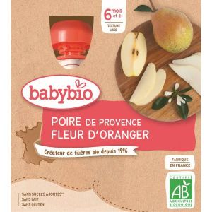 Babybio Gourde Poire de Provence et fleur d'Oranger BIO - 6 mois - 4 x 90 g