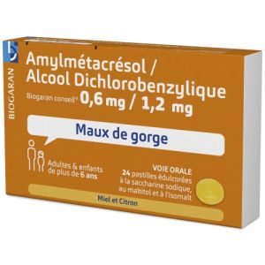 Amylmetacresol/ Alcool Dichlorobenzylique Biogaran Conseil 0,6 Mg/1,2 Mg Miel Et Citron Pastille B/24