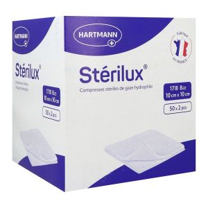STERILUX ES Compresse de gaze hydrophile, stérile, sachet de 2 compresses, 17 fils, 8 plis, 10 cm x 10 cm, 50 sachets (ref. 241327), bt 100