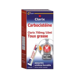 Clarix Expectorant Carbocisteine 750 Mg/10 Ml Adultes Sans Sucre Solution Buvable En Sachet Edulcoree B/15