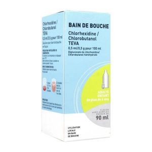 CHLORHEXIDINE CHLOROBUTANOL TEVA Solution pour bain de bouche 0,5 ml/0,5 g pour 100 ml, boîte 1 flacon 90 ml avec gobelet doseur
