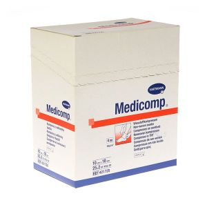 MEDICOMP STERILE Compresse en non tissé, stérile, 4 plis, pochette de 2 compresses, 10 cm x 10 cm (ref. 411242), bt 25 sachets