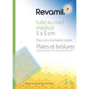 REVAMIL TULLE Tulle imprégné de miel médical pur 100 %, 8 cm x 8 cm, bt 5