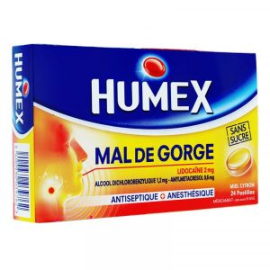 HUMEX MAL DE GORGE LIDOCAINE/ALCOOL DICHLOROBENZYLIQUE/AMYLMETACRESOL 2 mg/1,2 mg/0,6 mg CIITRON SS 