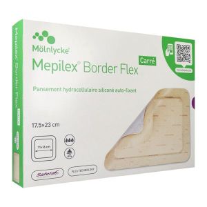 MEPILEX BORDER FLEX CARRE Pansement hydrocellulaire siliconé, bordé, flexible, stérile, forme carrée, 17,5 cm x 23 cm (ref. 595621), bt 10