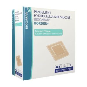 BIOGARAN BORDER + Pansement hydrocellulaire siliconé, bord adhésif, absorption importante, 14 cm x 15 cm, bt 16