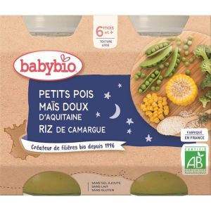Babybio Petits pots Bonne nuit Petits Pois-Maïs-Riz Bio - 6 mois - 2 x 200 g